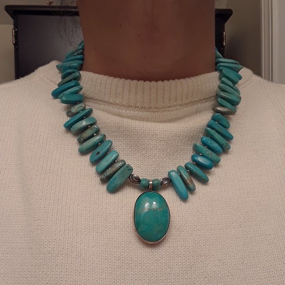 Vintage 1970's Turquenite & Sterling Silver Necklace - Picture 5 of 7